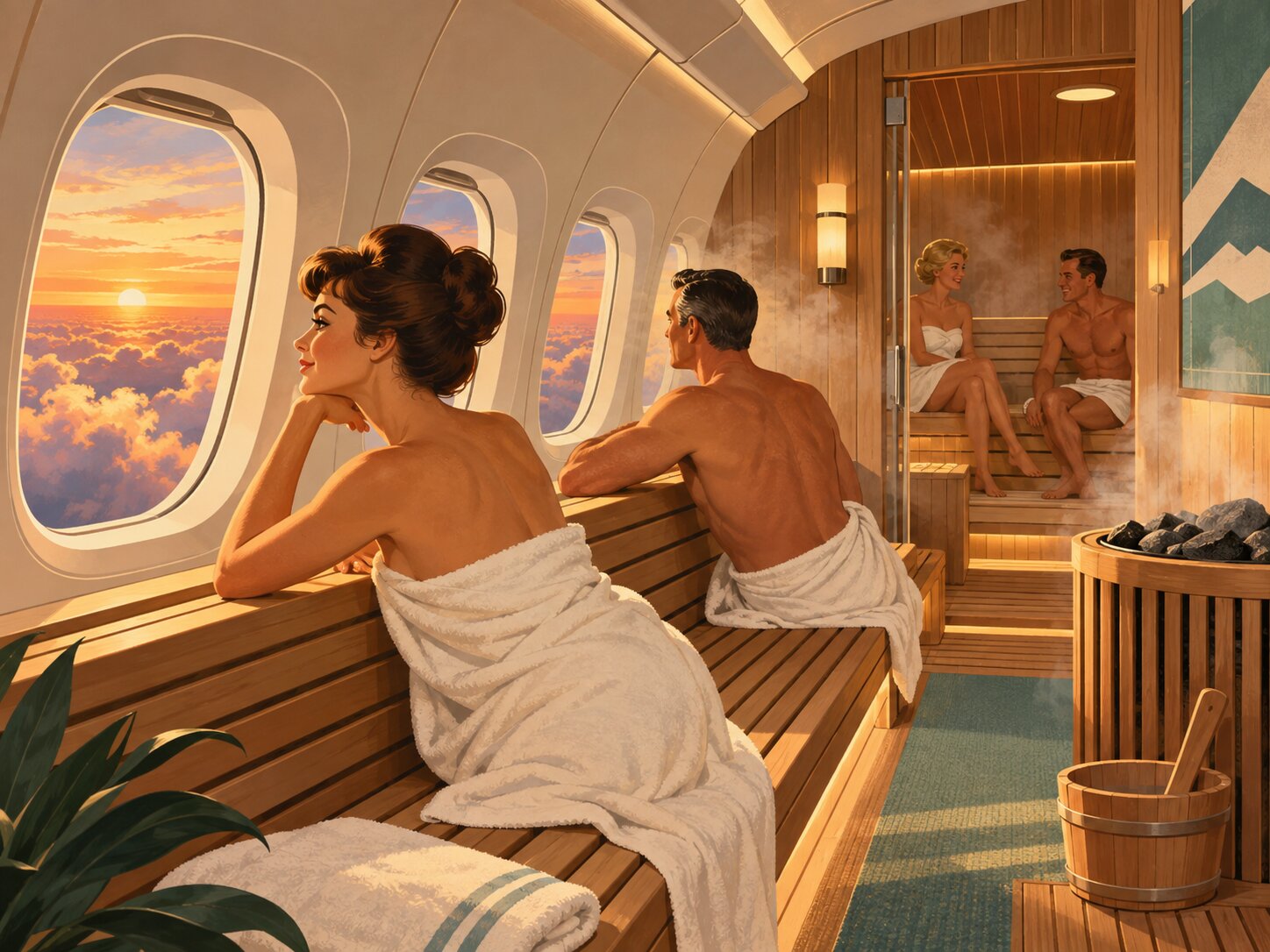 Passengers in towels relaxing on cedar benches in an airplane sauna cabin at sunset